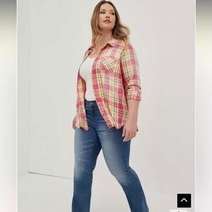 Torrid Lizzie Rayon Twill Button-Up Long
Sleeve Shirt in Pink and Yellow Plaid